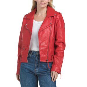 BOD & CHRISTENSEN Red Leather Fitted Moto Jacket